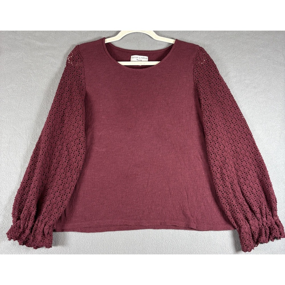 Madewell Texture & Thread Womens Eyelet Mix Poet-Sleeve Top Maroon Red Boho L
